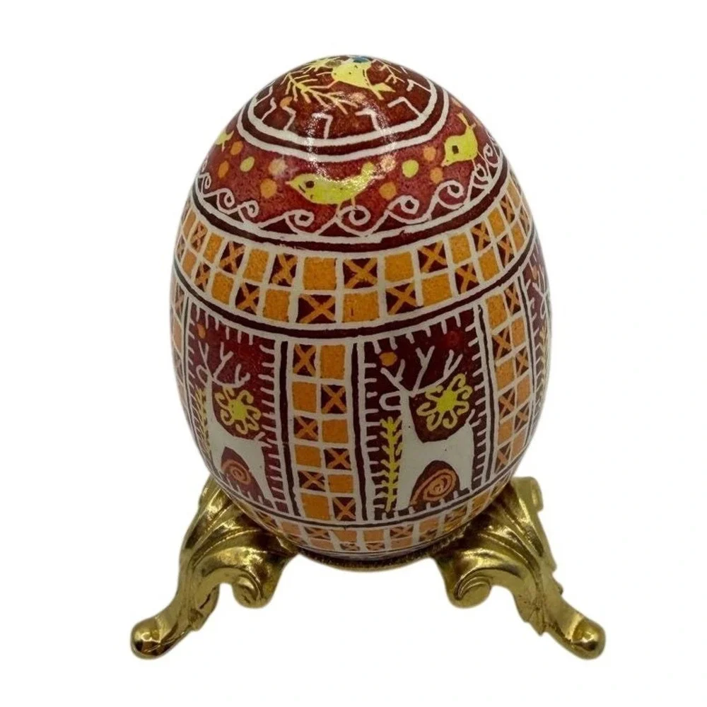 Hand Painted Pysanka Ukrainian Easter Egg‎ Red Reindeer Bird Folk Art with Stand